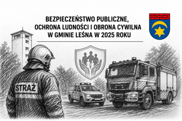 Grafika przedstawia okładkę raportu dotyczącego bezpieczeństwa publicznego w gminie Leśna w 2025 roku. Całość utrzymana jest w czarno-białej stylistyce przypominającej szkic ołówkiem, z jednym kolorowym elementem – herbem gminy w prawym górnym rogu.Na środku u góry znajduje się duży napis:„Bezpieczeństwo publiczne, ochrona ludności i obrona cywilna w gminie Leśna w 2025 roku”.Po lewej stronie widoczny jest strażak stojący tyłem do obserwatora. Ma na sobie hełm i ubranie ochronne z dużym napisem „STRAŻ” na plecach. W tle, po lewej stronie, znajduje się wysoka wieża przypominająca remizę lub punkt obserwacyjny.Po prawej stronie stoją dwa pojazdy ratownicze: samochód terenowy oraz duży czerwony w rzeczywistości, lecz tutaj przedstawiony w odcieniach szarości, wóz strażacki marki MAN. Pojazdy ustawione są na drodze lub placu.W centralnej części grafiki umieszczono symbol tarczy ochronnej z sylwetkami rodziny – dwóch dorosłych i dzieci – co symbolizuje bezpieczeństwo mieszkańców.W prawym górnym rogu znajduje się kolorowy herb gminy Leśna: niebieska tarcza z żółtą gwiazdą i półksiężycem oraz czerwonym elementem przypominającym mur obronny.