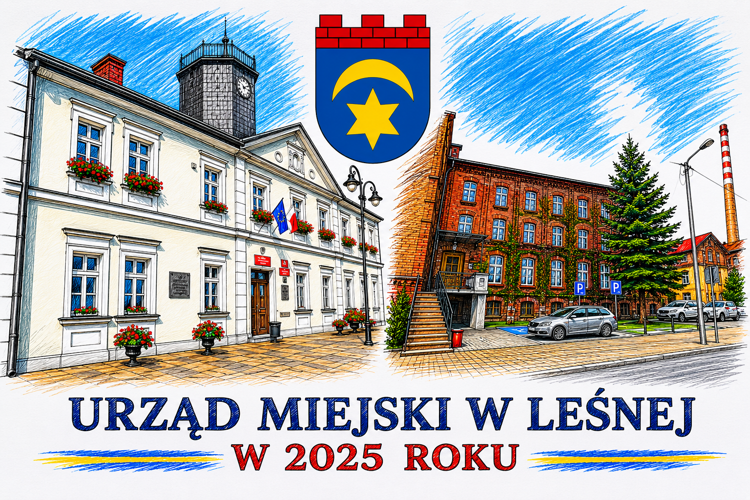 Grafika przedstawia budynki Urzędu Miejskiego w Leśnej przy ulicy Rynek 19 i Elizy Orzeszkowej 11 b. Nad nimi widoczny jest herb. Na dole umieszczono napis "Urząd Miejski w Leśnej w 2025 roku"