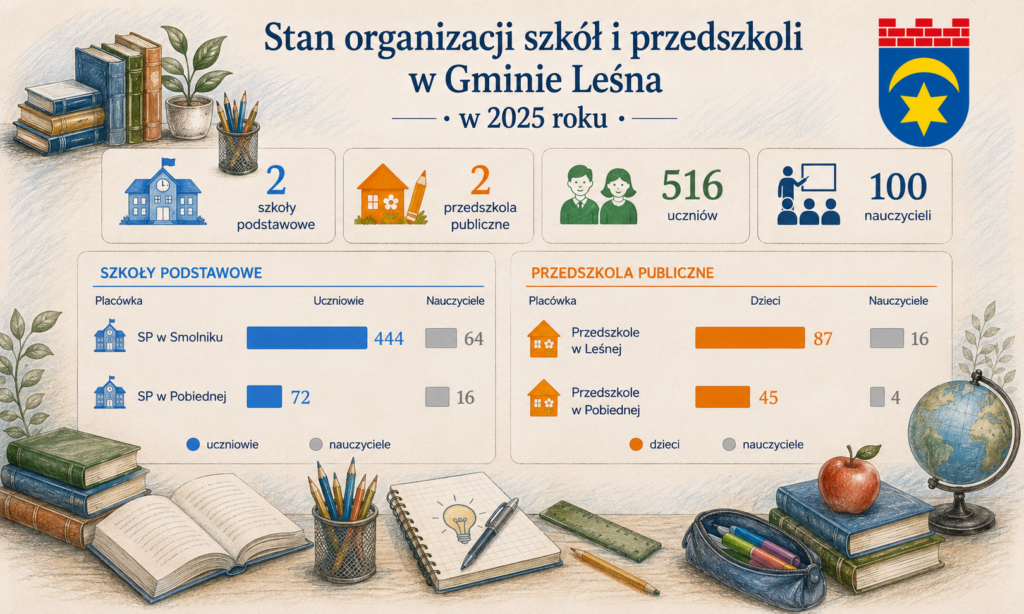 Infografika przedstawia organizację szkół i przedszkoli w Gminie Leśna w 2025 roku. W gminie działają 2 szkoły podstawowe i 2 przedszkola publiczne, do których uczęszcza łącznie 516 uczniów i dzieci, a pracuje 100 nauczycieli. Grafika zawiera zestawienie liczby uczniów i nauczycieli w poszczególnych placówkach oraz ilustracje związane z edukacją.