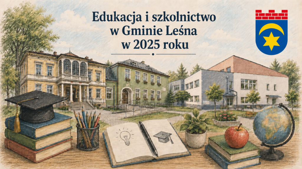 Grafika tytułowa prezentacji „Edukacja i szkolnictwo w Gminie Leśna w 2025 roku”. Na ilustracji widoczne są budynki szkolne oraz symbole edukacji: książki, biret, zeszyt, laptop i globus. W prawym górnym rogu znajduje się herb Gminy Leśna.
