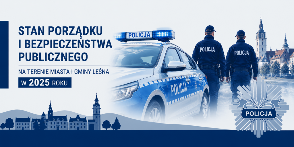 Grafika z raportu o stanie gminy przedstawia temat bezpieczeństwa publicznego w Gminie Leśna w 2025 roku. Widoczny jest radiowóz policyjny oraz dwóch policjantów na tle miasta. Na grafice znajduje się tytuł dotyczący stanu porządku i bezpieczeństwa publicznego.