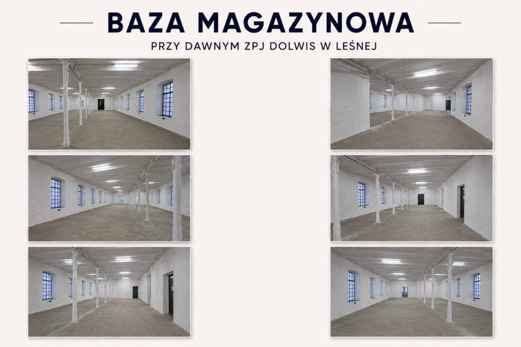 Grafika przedstawia nową bazę magazynową zlokalizowaną przy dawnym ZPJ Dolwis w Leśnej. Na planszy umieszczono sześć fotografii ukazujących wnętrze obiektu magazynowego z różnych perspektyw.Pomieszczenia są przestronne, wysokie i utrzymane w jasnej kolorystyce. Ściany oraz słupy konstrukcyjne zostały pomalowane na biało, co nadaje wnętrzu czysty i uporządkowany wygląd. Widoczne są rzędy okien zapewniających dostęp naturalnego światła oraz oświetlenie sufitowe rozmieszczone równomiernie na całej długości hali. Posadzka ma gładką, przemysłową powierzchnię dostosowaną do funkcji magazynowej.Układ wnętrza wskazuje na możliwość składowania sprzętu, materiałów lub wyposażenia przeznaczonego do działań logistycznych, kryzysowych lub gospodarczych. Przestrzeń została przygotowana w sposób umożliwiający łatwą organizację i dostęp do magazynowanych zasobów.